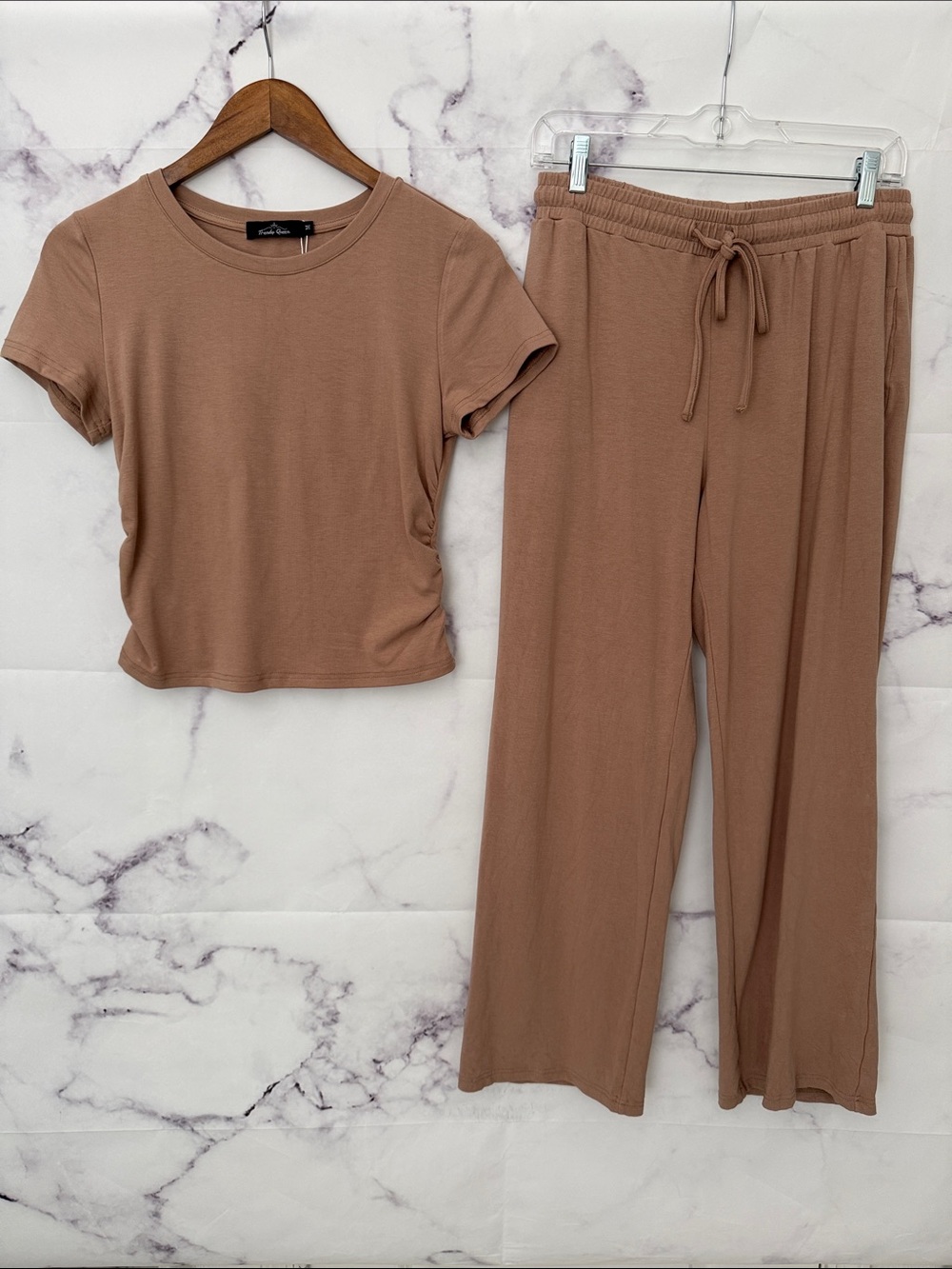 Trendy Queen tan two-piece matched set T-shirt, pants size medium